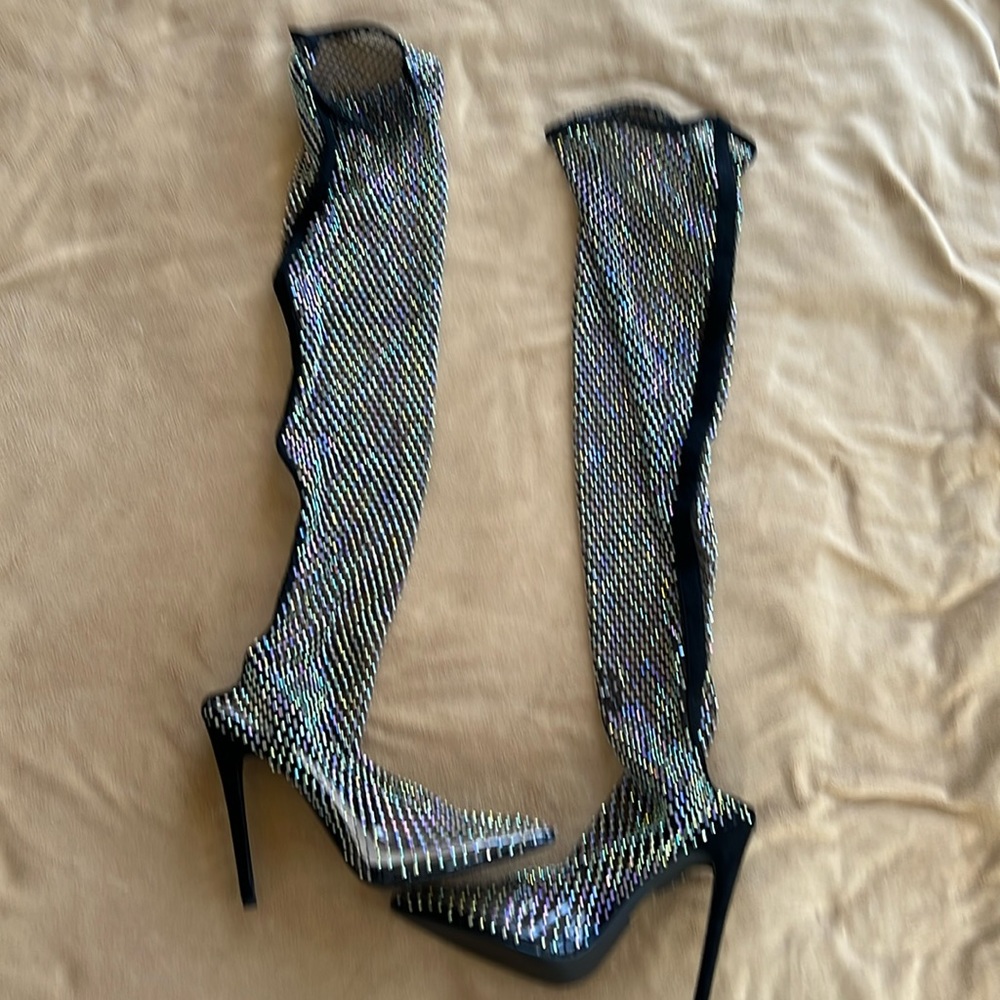 Over-the-Knee High Heel Boots in Iridescent Black